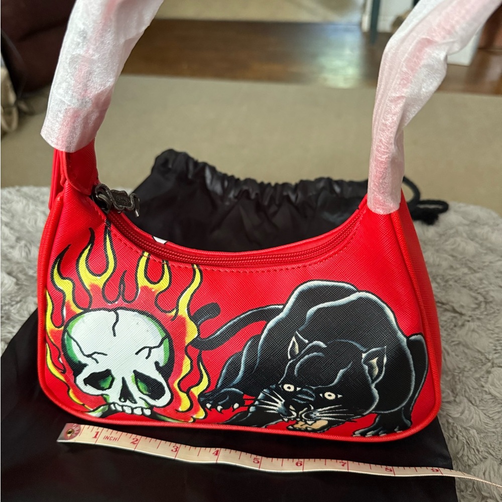 Ed Hardy Red Shoulder Bag with Skull and Panther Design